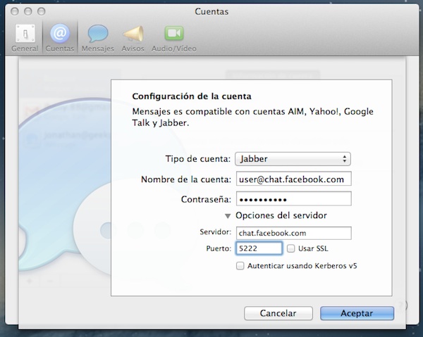 Integrar el Chat de Facebook en la App de mensaje de Mountain Lion
